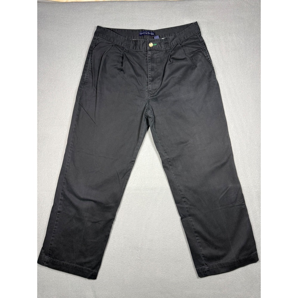Tommy Hilfiger Mens Chino Pants Pleated 34 Black 100% Cotton Straight Leg